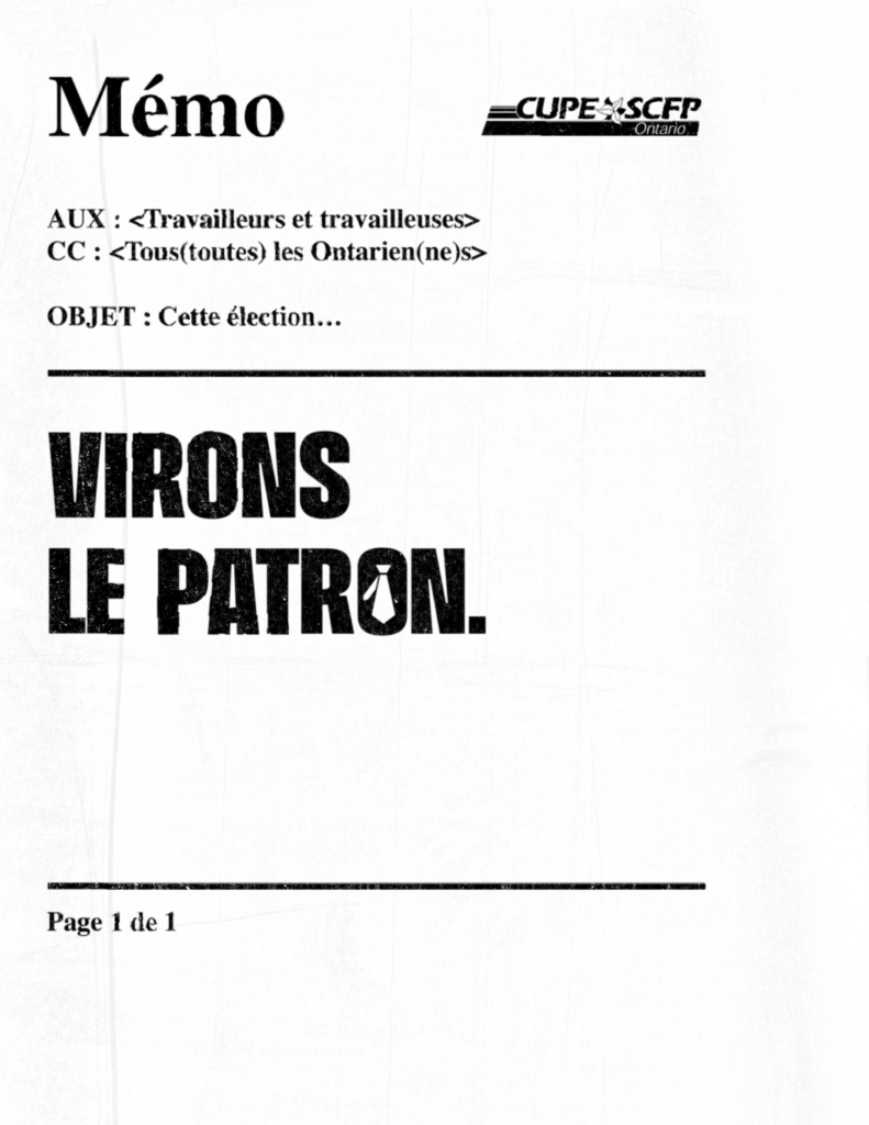 Un tampon imprimé sur lequel il est écrit « VIRONS LE PATRON ».